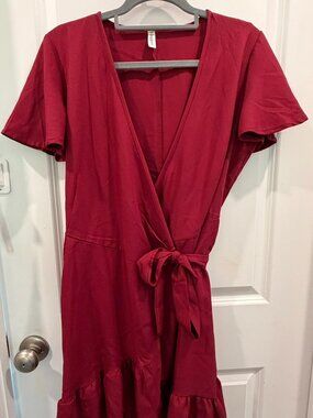 Like New Maroon, Ruffle Hem, Flutter Sleeve, Wrap Dress
